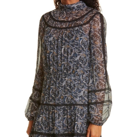 NWT VERONICA BEARD RAHLA FLORAL LACE TRIM LONG SLEEVE SILK DRESS 4 BLACK MULTI - Picture 3 of 8